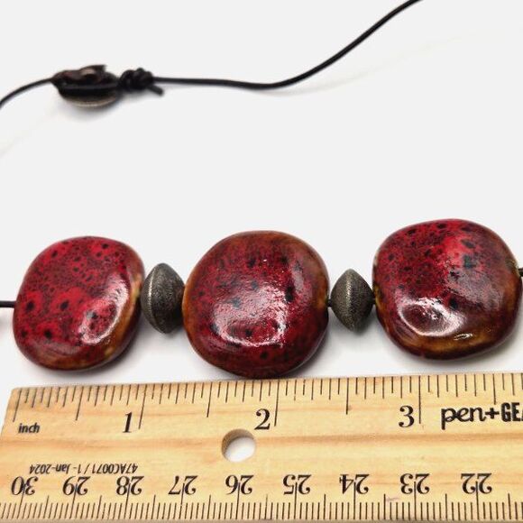 Handmade Red Ceramic Beads and Gunmetal Gray Accents on Leather Cord Necklace - Picture 4 of 4